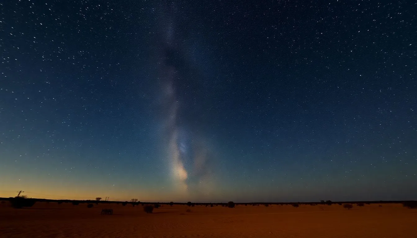 A nighttime desert landscape in Western Australia with a starry sky.