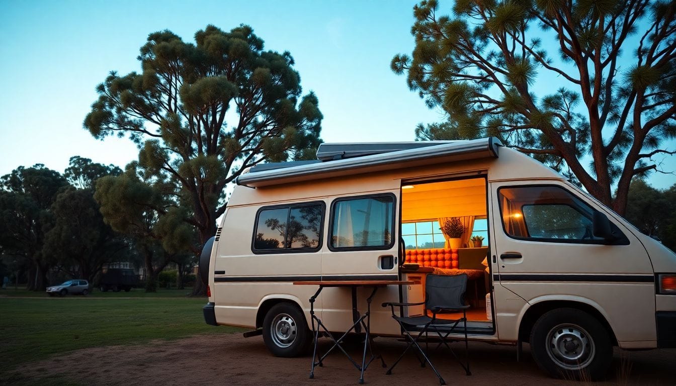 A campervan parked at a peaceful campsite surrounded by eucalyptus trees.