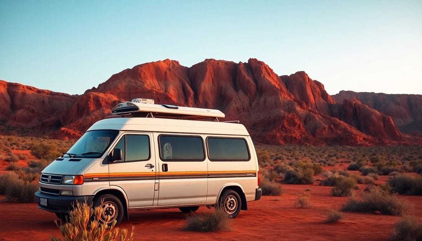 A campervan parked in remote Australian desert with solar panels.