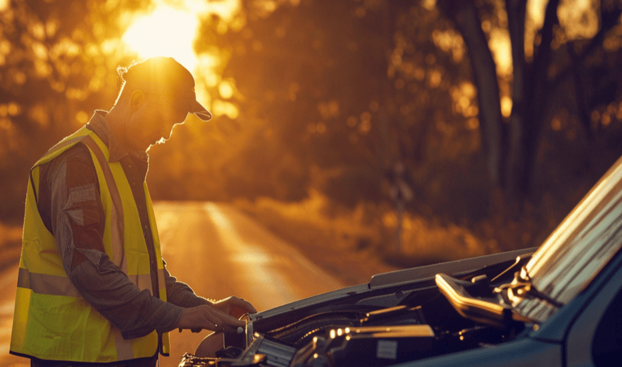 roadside assistance technician in hi vis vest examining car engine